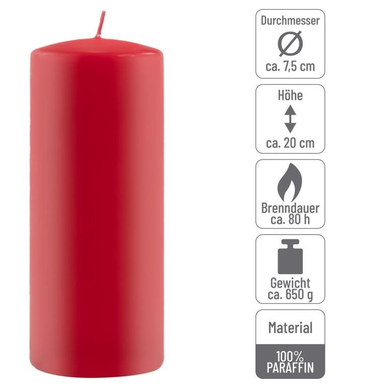 Zestaw świec słupkowych, 20 cm, Ø 7,5 cm, czerwony, 4 szt.